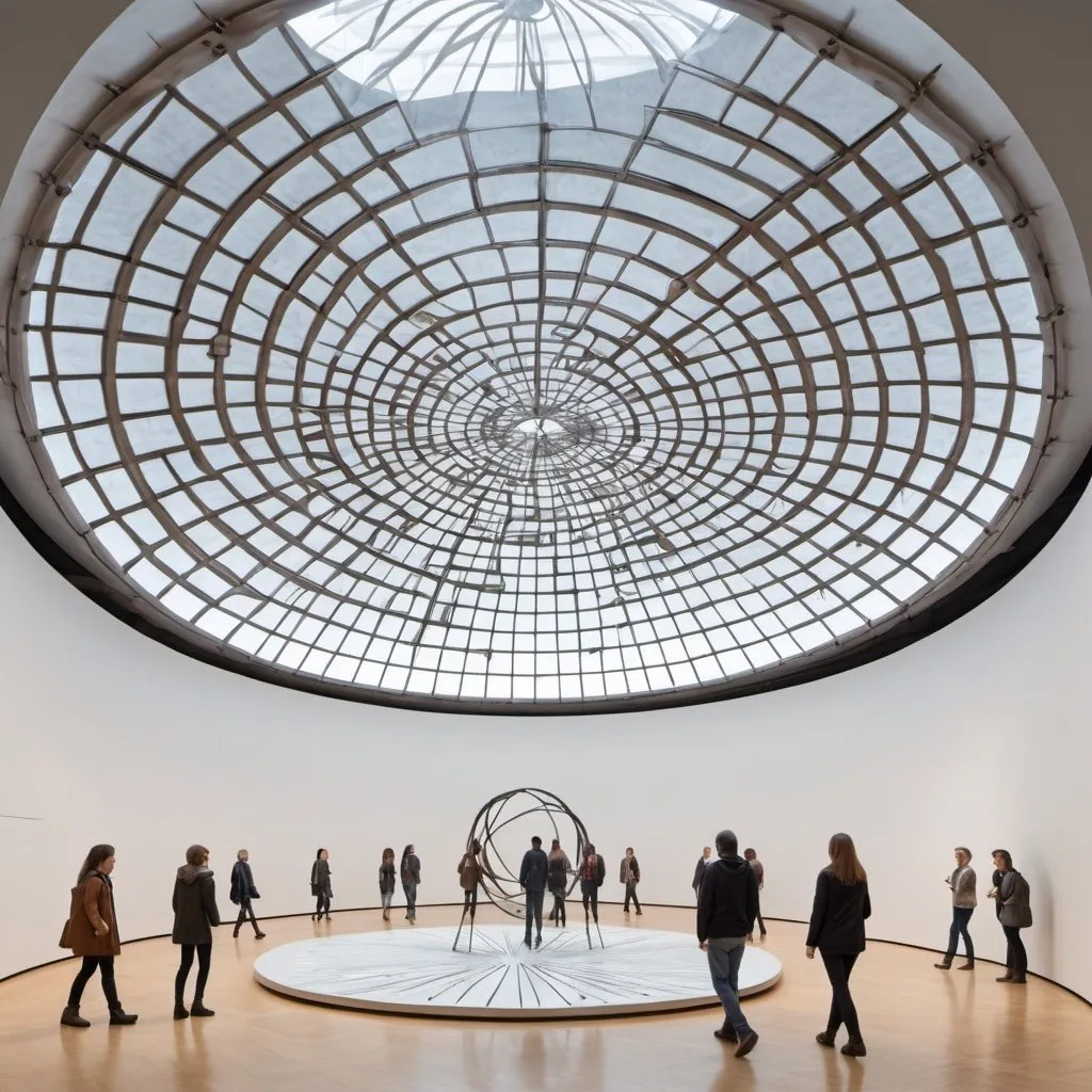 Prompt: a large metal object in a museum with people walking around it and a skylight above it that is in a circular room, Cornelia Parker, kinetic art, path traced, an abstract sculpture