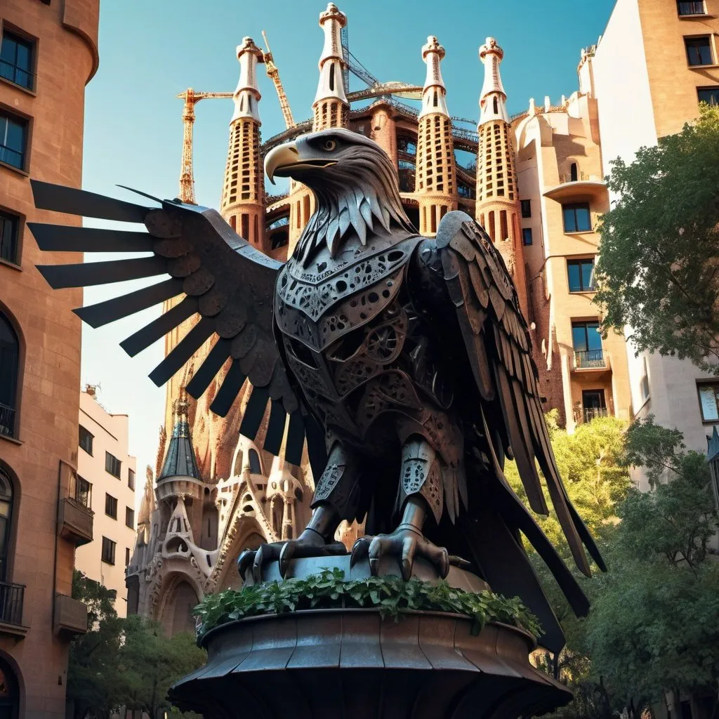 Prompt: a giant iron statue of eagle, Oxidized, Antoni Gaudí style, Neo-Gothic, Urban Element, Plaça de Gaudí in Barcelona, Carles Delclaux Is, gothic art, neo-gothic, an art deco sculpture, crowded, futuristic atmosphere, Blade flower, ivy, Filip Hodas, computer art, dystopian art, cyberpunk art.