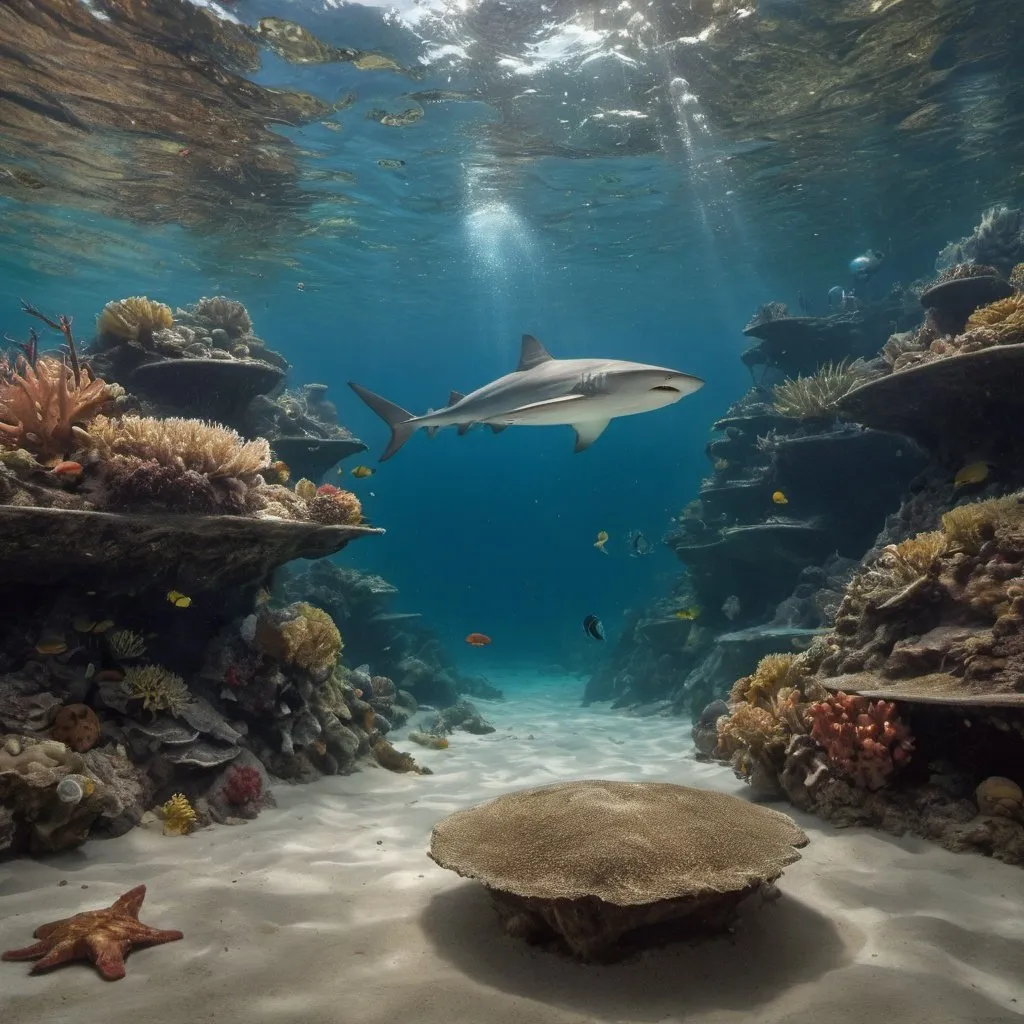 Prompt: ocean, submarin, Aquatic creatures, fish, sharks, crabs, starfish, and corals. Ocean floor sand, sunlight reflection. national geographic atmosphere.