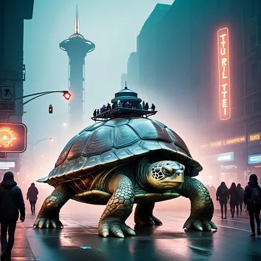 Prompt: giant metal statue of a turtle,science fiction, innovative design, Flying saucer as the turtle rock, space frame structure, neon lights, futuristic atmosphere, artistic, UFO style, street, people in area, Busy day, traffic, thick fog.