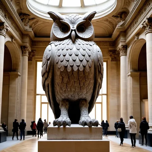 Prompt: giant statue of an owl made of stone, Neoclassical Sculpture, Musée des Arts décoratifs in Paris, busy place, futuristic atmosphere, artistic people.