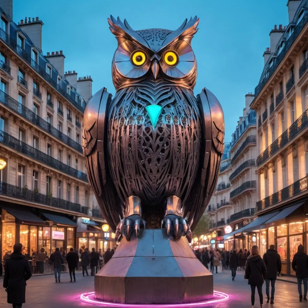 Prompt: giant statue of an owl made of metal, neo gothic Sculpture, neon lights, a plaza in Paris, busy place, futuristic atmosphere, artistic people.