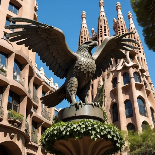 Prompt: a giant cast iron statue of an eagle, Oxidized, Antoni Gaudí style, Neo-Gothic, Urban Element, Plaça de Gaudí in Barcelona, Carles Delclaux Is, gothic art, neo-gothic, an art deco sculpture, crowded, artistic atmosphere, Blade flower, ivy.