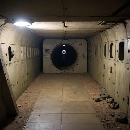 Prompt: a large Underground shelter, bullet holes, Military equipment, Mechanical equipment.