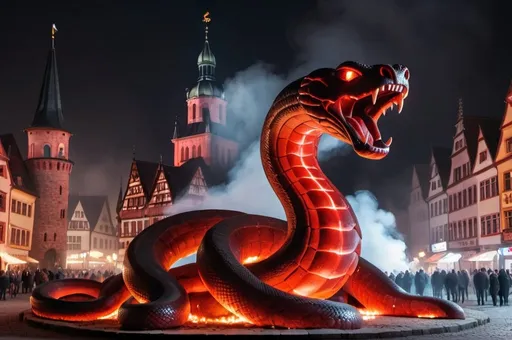 Prompt: a giant statue of a cobra snake made of red stone, neon lights, The main square of the ancient city, Germany, Medieval atmosphere, A lot of smoke and fog, many Knights, many horses, a lot of soldiers, Castles in the background, Gothic architecture, The fireplaces are lit, flags are raised, the floor is wet, stones are spread on the ground.