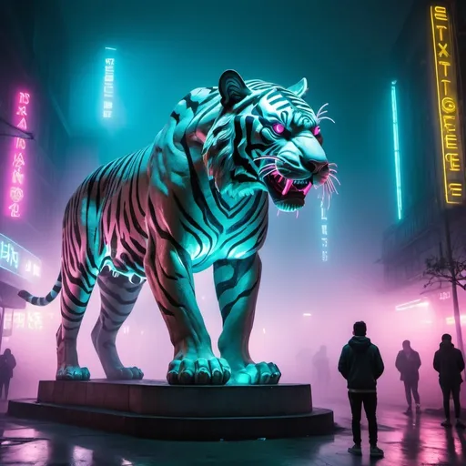 Prompt: giant statue of a wild tiger, fog, neon lights, busy place, futuristic atmosphere, artistic people.