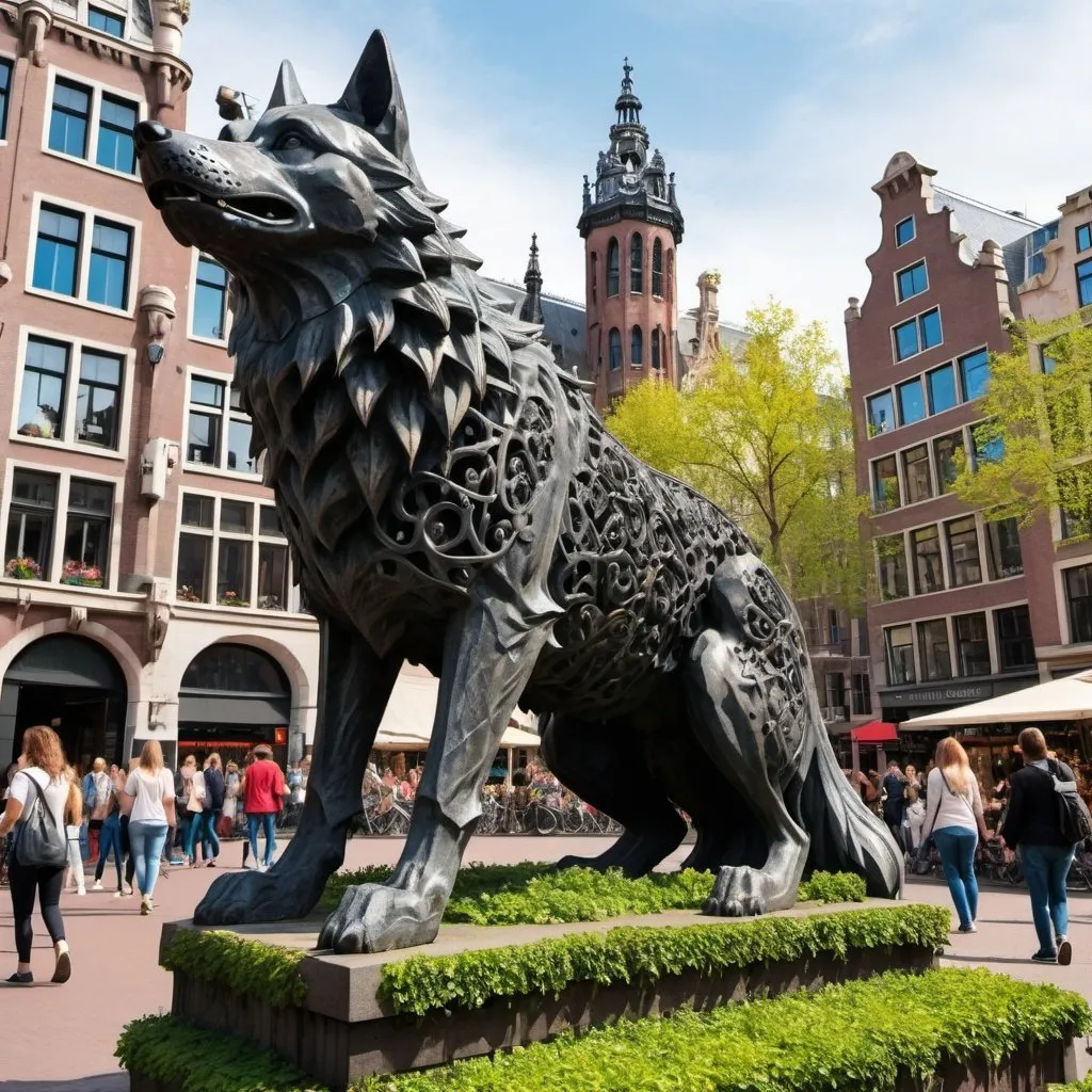 Prompt: a giant Oxidized cast iron statue of a big wolf, Antoni Gaudí style, Neo-Gothic, Urban Element, iconic, m Dam Square Amsterdam, busy area, crowded, romantic atmosphere, flowers, ivy, rose, creeper maze.