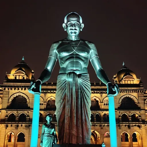 Prompt: giant statue of Gandhi made of iron, Oxidized, Gateway Of India Mumbai, neon lights, touristic atmosphere, lots of people in area, many of visitors.