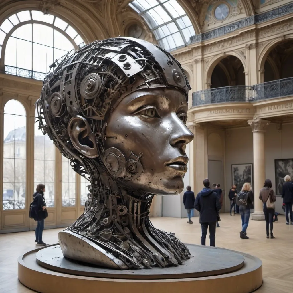 Prompt: A sculpture made from discarded metal parts, Musée des Arts décoratifs in Paris, busy place, futuristic atmosphere, artistic people.