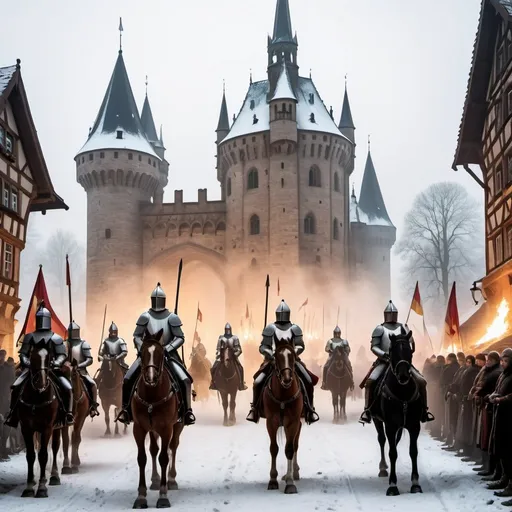 Prompt: ancient city, Medieval atmosphere, A lot of smoke and fog, Knights on horseback, a lot of soldiers in the area, Traditional clothing including capes, hats and armor, Classic swords and spears, Castles in the background with Gothic style architecture, The fireplaces are lit, flags are raised, The floor is covered with snow, Germany, winter 1390 A.D