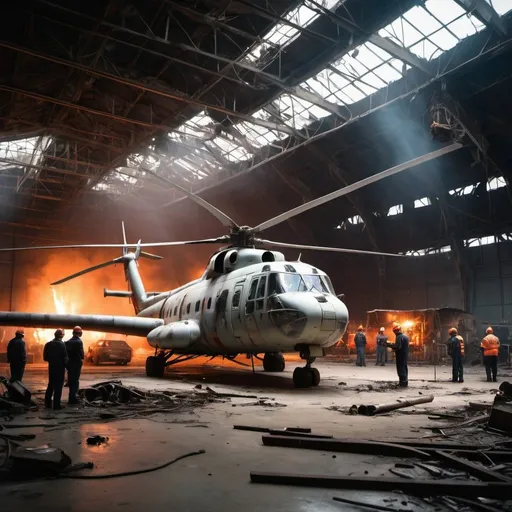 Prompt: A large hangar with Open and closing roof, spotlight projectors, Mil Mi-8 parked, Dilapidated, a lot of rust, very worn out, very Rusty, damaged, cables reaching the floor, bent and twisted, the floor is filled with Industrial waste, untidy, disorderly. many mechanics engineer around, many pilots taking notes. Water collected on the floor, foggy, burning firewood,fire, flame of fire, neon lights, red lighting, Mechanical tools, papers. side view, documentary atmosphere.