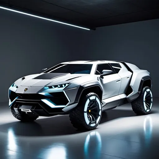 Prompt: concept of a futuristic pickup truck Lamborghini with linear lights