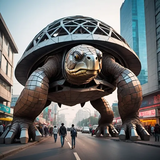 Prompt: a giant iron statues of science fiction turtle, innovative design, Geodesic dome as turtle rock, space frame structure, futuristic atmosphere, artistic, street, people in area, neon lights, Busy day, traffic.