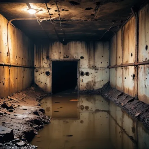 Prompt: a large Underground shelter, worn out, rusty, rocky wall, dark deep water, deep hole, salt stain, foot print, bullet holes, Military equipment, Mechanical equipment, metal cables, metal wastes, burn effect.