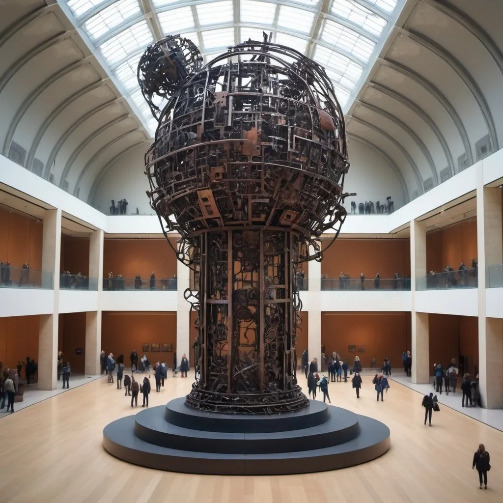 Prompt: An abstract sculpture of civilization made from discarded metal parts, creative, Rusty, The British Museum in London, busy place, futuristic atmosphere, artistic people.