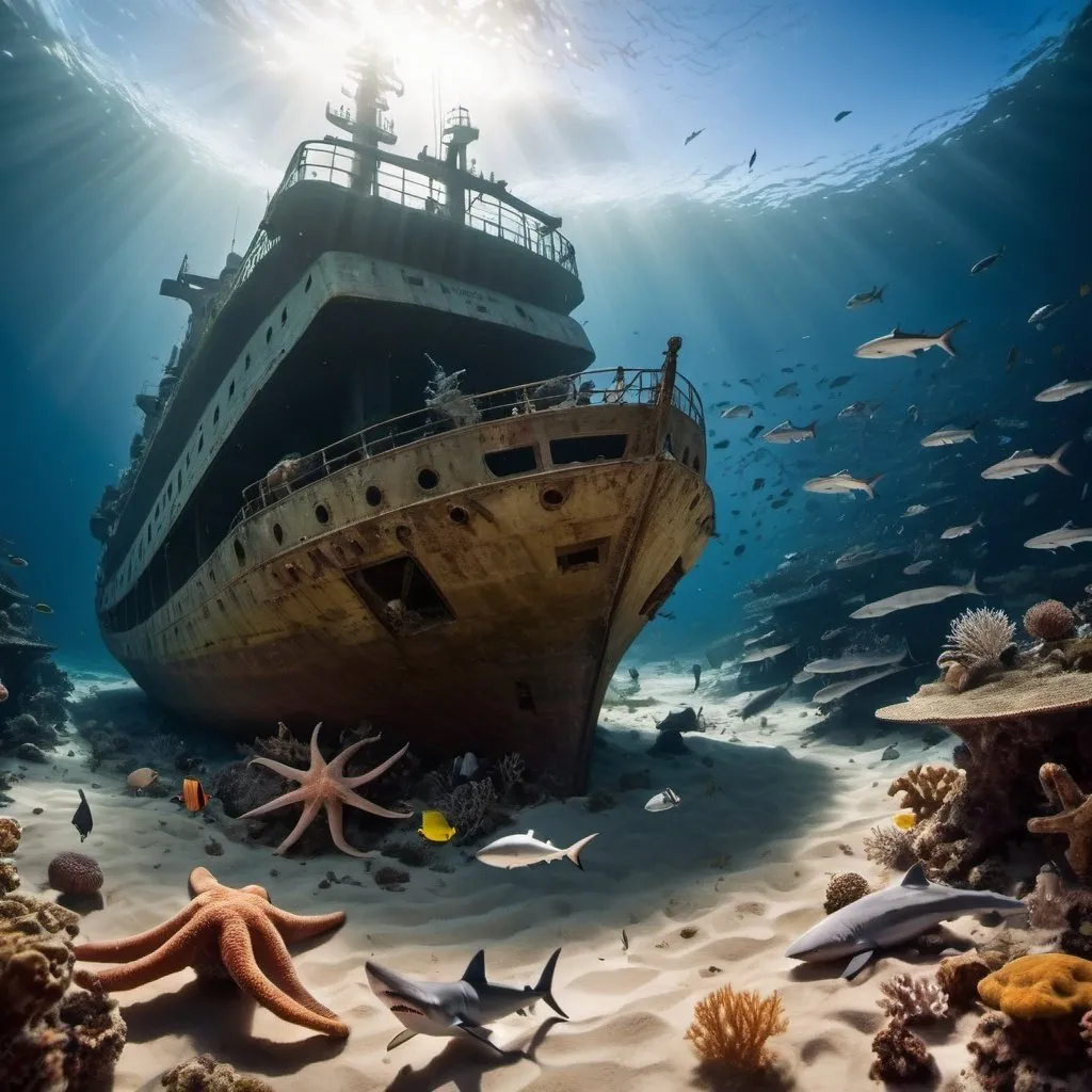 Prompt: A large ship sunk at the bottom of the ocean. Aquatic creatures, fish, many sharks, crabs, starfish, and corals. Ocean floor sand, sunlight reflection. very complicated and confusing space. national geographic atmosphere.