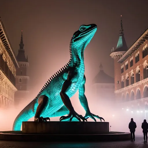 Prompt: giant statue of a lizard made of cast iron,Sforzesco Castle milan, fog, neon lights, busy place, futuristic atmosphere, artistic people