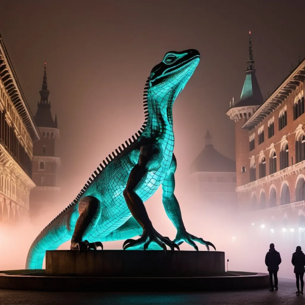 Prompt: giant statue of a lizard made of cast iron,Sforzesco Castle milan, fog, neon lights, busy place, futuristic atmosphere, artistic people