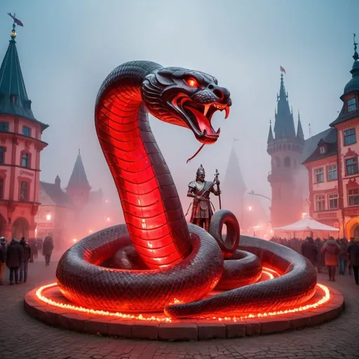 Prompt: a giant statue of a Indian cobra made of red glass, neon lights, The main square of the ancient city, Germany, Medieval atmosphere, A lot of smoke and fog, Knights, horses, soldiers, Castles in the background, Gothic architecture, The fireplaces are lit, flags are raised, the floor is wet, stones are spread on the ground.