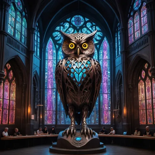 Prompt: giant statue of an owl made of metal, neo gothic Sculpture, gothic stained glass, neon lights, busy place, futuristic atmosphere, artistic people.