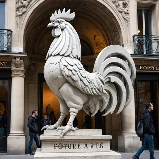 Prompt: giant statue of a Rooster made of stone, Mannerist Sculpture Sculpture, Porte des Lions in Paris, busy place, futuristic atmosphere, artistic people.