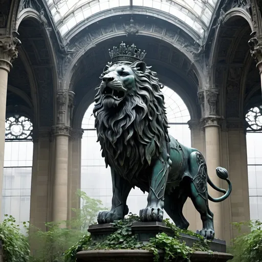 Prompt: a giant iron statue of lion with crown, Oxidized, art and craft, William Morris, Blade flower, ivy, Urban Element, Panthéon in Paris, gothic art, neo-gothic, an art deco sculpture, crowded, futuristic atmosphere, computer art, dystopian art, cyberpunk art, fog.