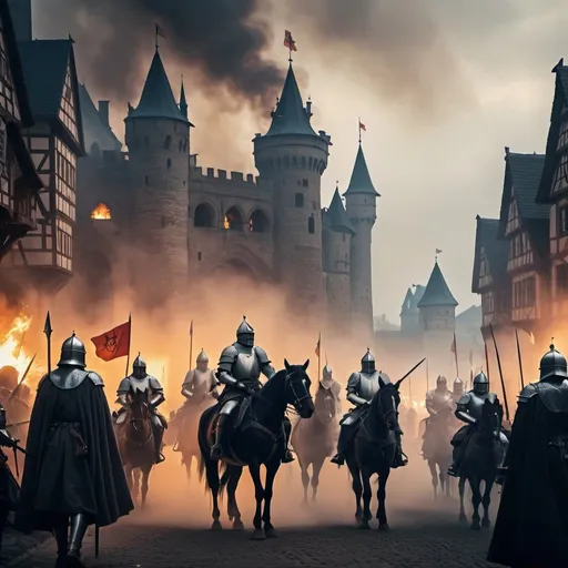 Prompt: ancient city, Medieval atmosphere, A lot of smoke and fog, Knights on horseback, soldiers fighting in the area, Traditional clothing including capes, hats and armor, Classic swords and spears, dark Castles in the background with ancient style architecture, The fireplaces are lit, flags are raised, The floor is covered with blood, Germany 1000 A.D