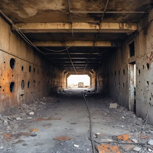 Prompt: a large Underground shelter, worn out, rusty, rocky wall, bullet holes, Military equipment, Mechanical equipment, metal cables, metal wastes, burn effect.