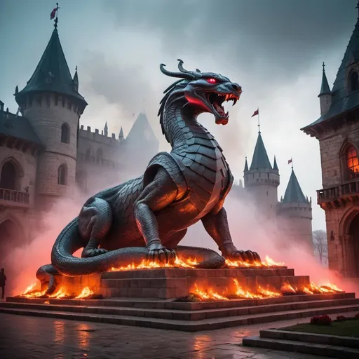 Prompt: a giant statue of a viper made by red gemstone, neon lights, The main square of the ancient city, Medieval atmosphere, A lot of smoke and fog, Knights on horses and soldiers of the royal guard are present in the field, Castles can be seen in the background, Gothic architecture, The fireplaces are lit, flags are raised, the floor is wet, Decorative stones are spread on the ground.