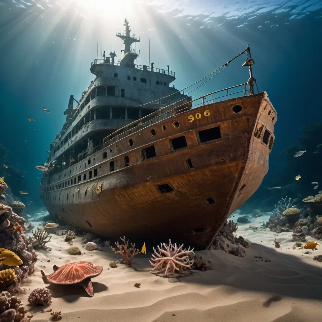 Prompt: A large ship sunk at the bottom of the ocean. Aquatic creatures, fish, sharks, crabs, starfish, and corals. Ocean floor sand, sunlight reflection. very complicated and confusing space. national geographic atmosphere.