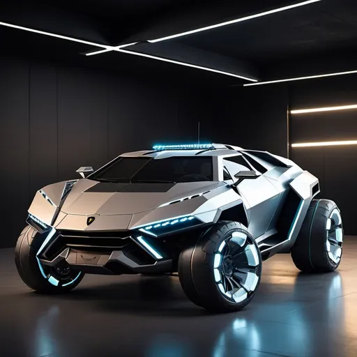 Prompt: concept of a futuristic 6-wheeled pickup truck Lamborghini with linear lights