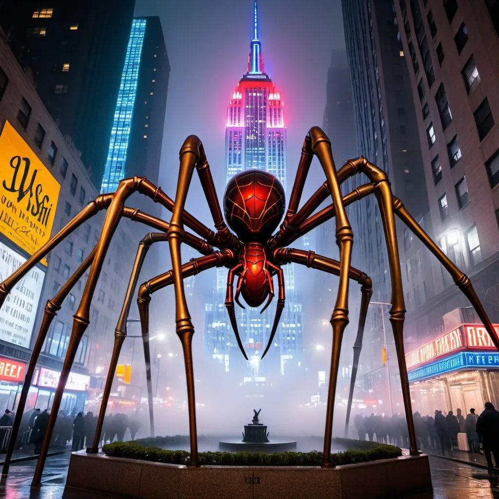 Prompt: giant statue of a iron spider, art deco style, neon lights, New York city, W 34th street, empire state building in the background, fog, busy place, futuristic atmosphere, artistic photography, modern, si fi area