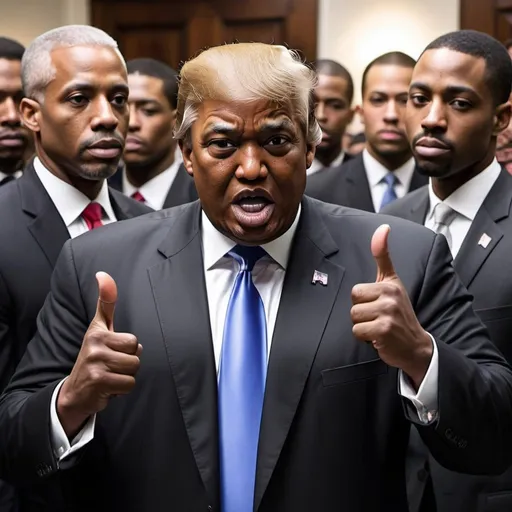 Prompt: Black Donald trump in high def meme with a potential to reach go viral. Memeable funny 