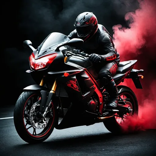 Prompt: Dark image of a sport motorbike with red smoke and red details

