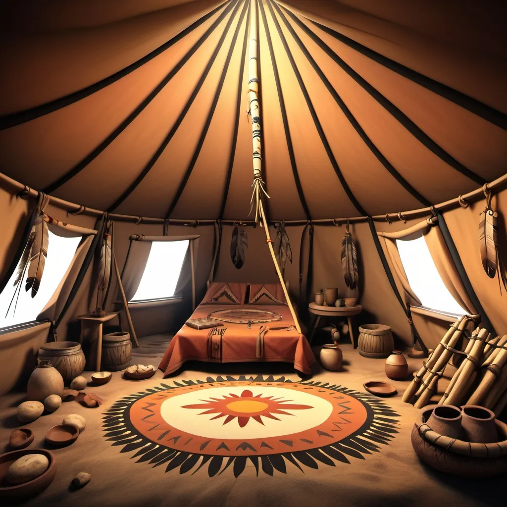 Prompt: a digital illustration of a warrior native chiefs tent, interior