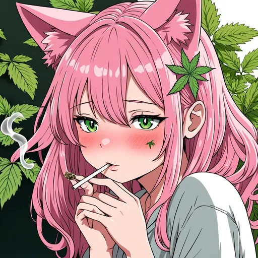 Prompt: anime, girl, detailed, pink hair, shy, cat ears, very detailed, she loves to smoke weed