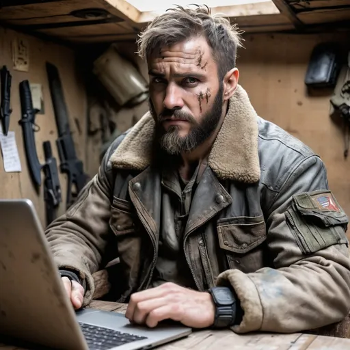 Prompt: Symmetrical front view headshot, mad max style army aviator bomber jacket, survival gear, post apocalyptic aged soldier survivalist, face cut scars, disheveled backward grown medium hair, beard, sitting at wooden table, typing notes on laptop, in heavily armed survival shelter outpost metal room , guns and knives stacked on the wall