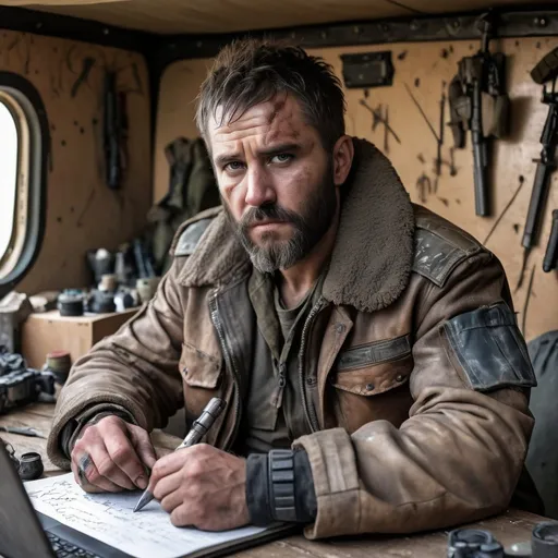 Prompt: Symmetrical front view headshot, mad max style aviator bomber jacket, survival gear, post apocalyptic aged soldier survivalist, face scars, disheveled backward grown medium hair, beard, sitting at wooden table, taking notes laptop, in heavily armed survival shelter outpost room , guns and knives stacked on the wall