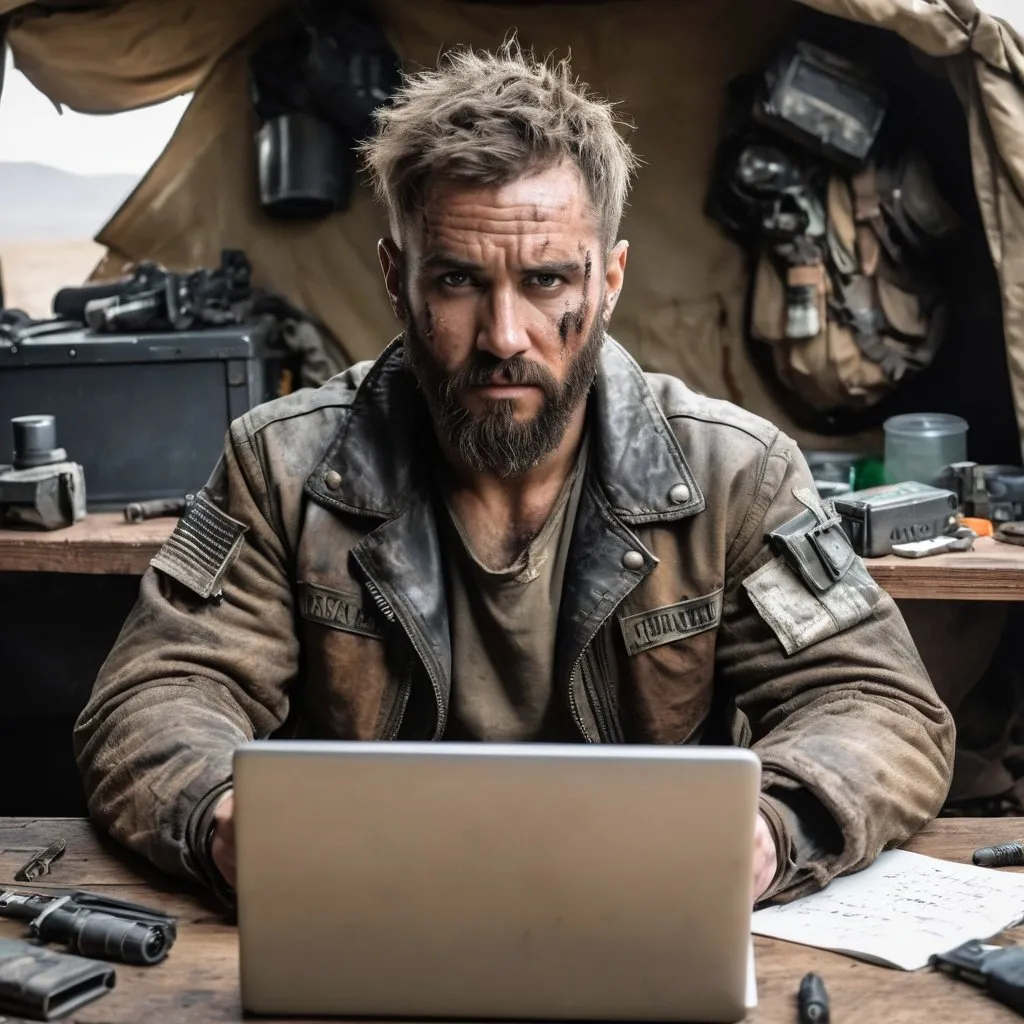 Prompt: Symmetrical front view headshot, mad max style army aviator bomber jacket, survival gear, post apocalyptic aged soldier survivalist, face cut scars, disheveled backward grown medium hair, beard, sitting at wooden table, typing notes on laptop, in heavily armed survival shelter outpost metal room , guns and knives stacked on the wall