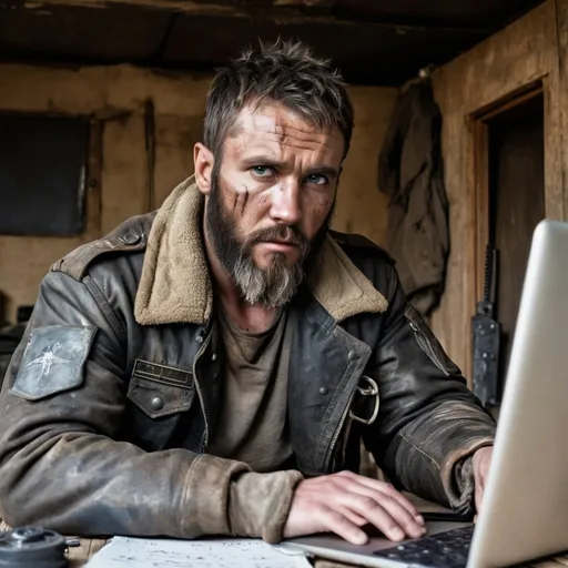 Prompt: Symmetrical front view headshot, mad max style aviator bomber jacket, survival gear, post apocalyptic aged soldier survivalist, face cut scars, disheveled backward grown medium hair, beard, sitting at wooden table, typing notes on laptop, in heavily armed survival shelter outpost room , guns and knives stacked on the wall