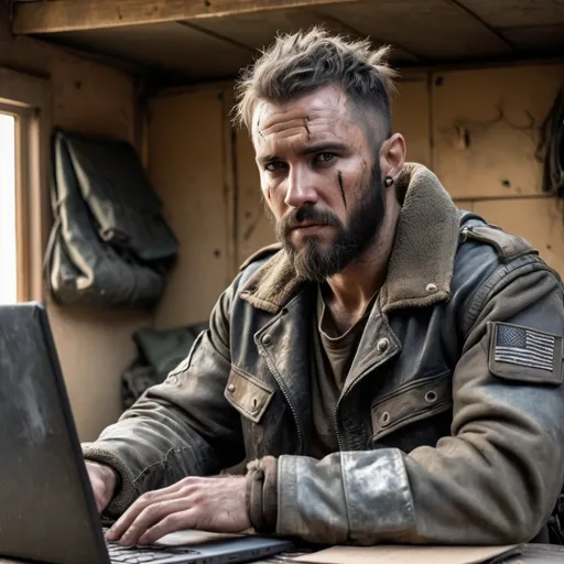 Prompt: Symmetrical front view headshot, mad max style army aviator bomber jacket, survival gear, post apocalyptic aged soldier survivalist, face cut scars, disheveled backward grown medium hair, beard, sitting at wooden table, typing notes on laptop, in heavily armed survival shelter outpost metal room , guns and knives stacked on the wall