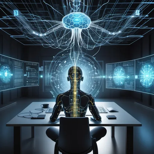 Prompt: An abstract digital artwork representing the concept of mastering Artificial Intelligence (AI) in a training environment. The central focus should be a futuristic, data-driven scene with glowing neural networks, coding symbols, and database elements intertwined. In the background, showcase a large, modern database with multiple interconnected tables, representing a complex ERP system. The scene should also include elements of Python programming, with snippets of Python code and AI-related symbols (like brain circuits or robotic assistants) floating in the air. A student or professional figure, with subtle technological enhancements, should be seen interacting with holographic data or a digital interface. The color palette should combine glowing blues, whites, and silvers, with hints of vibrant orange to emphasize technology and innovation.