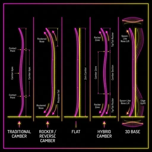 Prompt: Clean technical diagram showing 5 snowboard camber profiles side by side:
1. Traditional Camber (arched up in middle)
2. Rocker/Reverse Camber (tips curved up, middle flat)
3. Flat (completely flat profile)
4. Hybrid Camber (camber in middle, rocker at tips)
5. 3D Base (spoon-like edges lifted)

Style: Dark background (#000000), neon pink (#FF10F0) and electric 
yellow (#FFFF00) accent lines, clean minimalist technical illustration, 
labels in white text, side profile view of each board shape.

Aspect ratio: 16:9