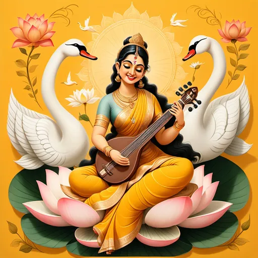 Prompt: Maa Saraswati sitting gracefully on a lotus, smiling with open eyes, embodying the essence of Vasant Panchami, Bengali woman’s face radiating joy. Surrounded by open books below, a serene swan nearby, all against a soft yellow background, exuding warmth and tranquility. Ultra-detailed, high quality, emphasizing traditional elements and cultural significance.