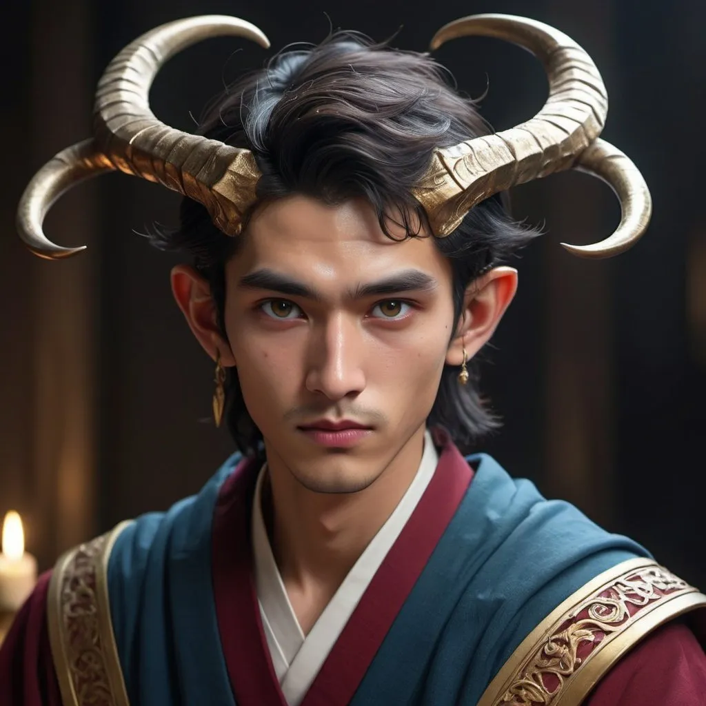 Prompt: Elegant Tiflin with slender and graceful long horns, wine-red skin, innocent and naive expression in his golden eyes, faint scar alongside prominent sword-shaped eyebrows, youthful countenance with a touch of greenness, slightly pursed lips exuding calmness, always upturned mouth indicating kindness, deep blue scholar robe, scholarly aura, 4k, ultra-detailed, fantasy, elegant lighting, rich color tones