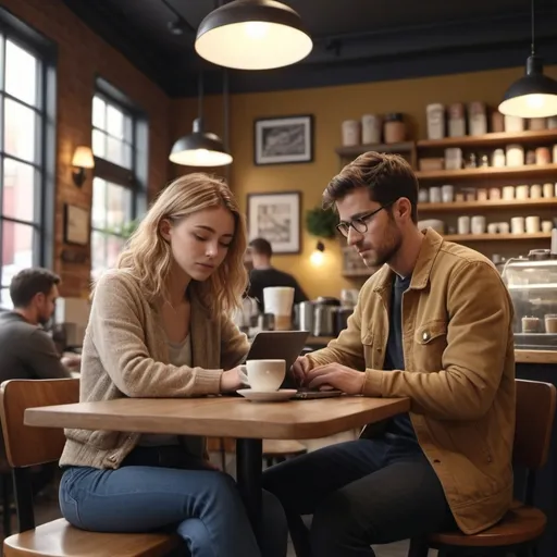 Prompt: (Coffee shop bustling with activity), Emma sits at a corner table typing on her laptop, she appears frustrated and stuck with writer's block, Jake enters carrying his camera and stands in line to order coffee, their eyes meet for a brief moment before Jake looks away shyly, cozy atmosphere, warm lighting, soft golden tones, modern decor, 4K, ultra-detailed, high quality, intricate background with patrons and barista, cinematic depth.