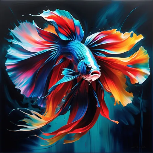Prompt: Gerhard Richter-inspired painting of a Siamese fighting fish, burst with vibrant and fluid color dynamics, abstract layers blended seamlessly, evoking movement and depth, resembling brush strokes and palette knife textures, contrasting light and dark tones, creating a vivid, captivating scene, showcasing the essence of the fish, ultra-detailed, 4K quality, immersive and dynamic ambiance.