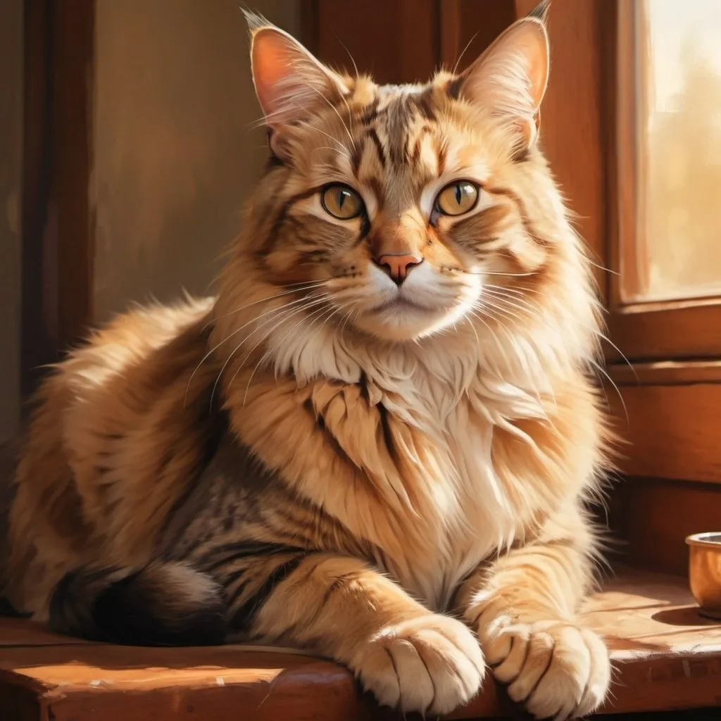 Prompt: Realistic digital painting of a serene cat sitting with humans, warm color tones, soft natural lighting, detailed fur with warm highlights, relaxed atmosphere, high quality, realistic, interaction, serene, detailed fur, warm lighting, peaceful, companionship