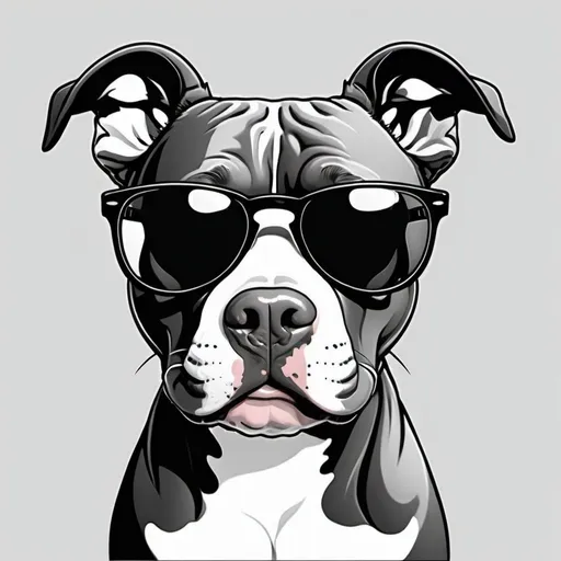 Prompt: Cute pitbull face cartoon, sunglasses, black and white art

