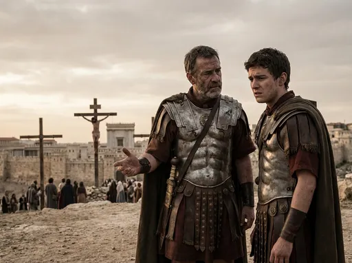Prompt: A roman soldier outside of Jerusalem talking to another roman soldier while they look at Jesus on the cross. The soldiers look a bit concerned yet slightly sad